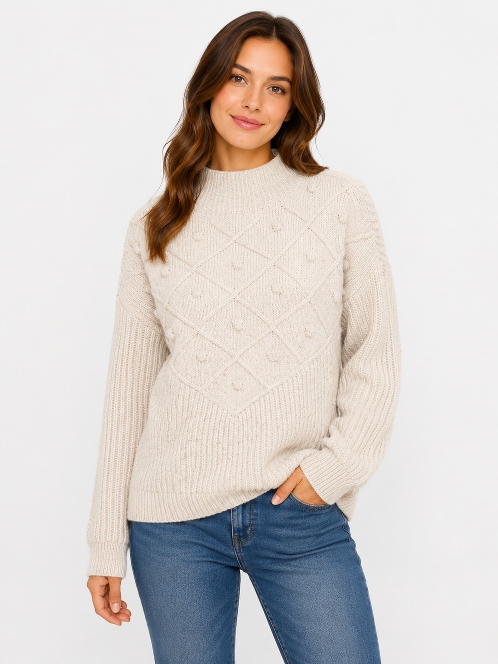 Calvin Klein Cozy Cream Knit Popcorn Diamond Sweater - Women's Size XS